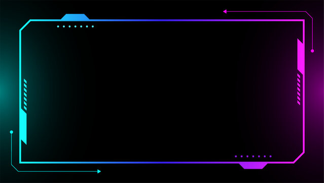 Futuristic hud neon border frame with cyan magenta gradient on black background, gaming stream overlay and tech interface template design
