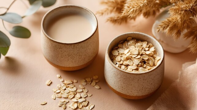 Two ceramic cups with oat milk and scattered oats. Calcium, fiber for pregnancy. Flat lay, prenatal nutrition.
