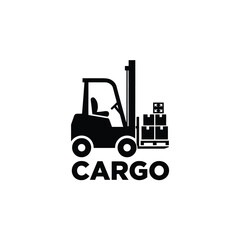 Forklift Truck Silhouette With Pallet Of Boxes Against A White Background Logistics Iconography cargo lift cardboard shipping transport freight © Mahir