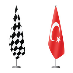 Naklejka premium Checkered and Turkey flags on flagpoles for official ceremonies and meetings, transparent background vector