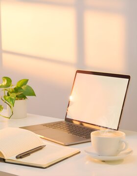 warm sunlight laptop workspace mockup with plant and copy space