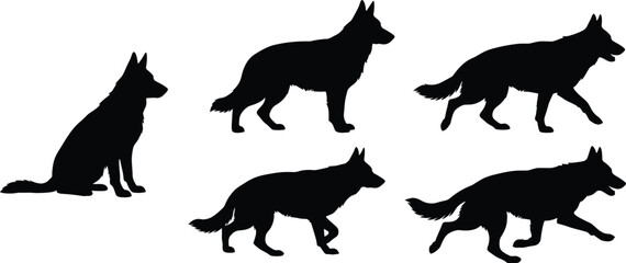 Fototapeta premium German Shepherd dog silhouette collection featuring sitting standing walking and running poses for canine and pet designs