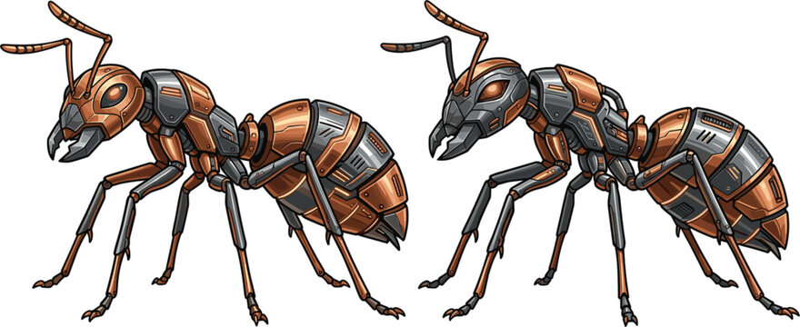 Two futuristic robotic steampunk ants sci-fi insects vector illustrationTwo futuristic robotic steampunk ants sci-fi insects vector illustration