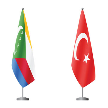Comoros and Turkey flags on flagpoles for official ceremonies and meetings, transparent background vector