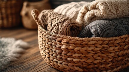 Obraz premium Cozy folded knitted sweaters in a woven wicker basket on a wooden floor with warm lighting, home comfort concept