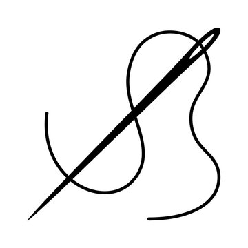 Sewing needle with thread in minimalist black line art style