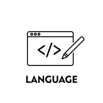 Coding interface icon with angle brackets and pencil black line art on a white background code programming development script