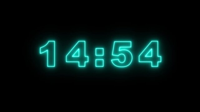 Glowing neon 15 minute Countdown. neon 15 to 14 minute Countdown timer on black background. neon Countdown timer from 15 minute to 14 minute suitable for 4k animation video.