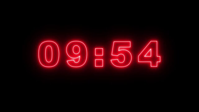 Glowing neon 15 minute Countdown. neon 10 to 9 minute Countdown timer on black background. neon Countdown timer from 10 minute to 9 minute suitable for 4k animation video.
