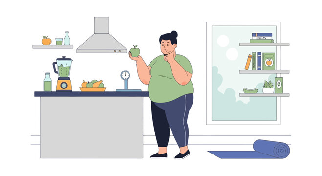 Overweight Person Contemplating Healthy Food in Kitchen, Weighing Scale