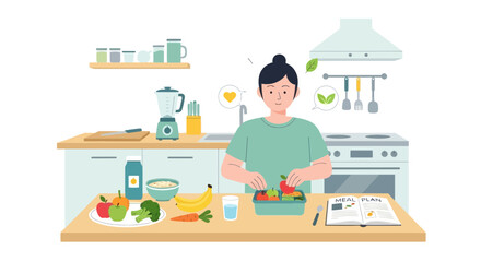 Fototapeta premium Woman Preparing Healthy Salad in Modern Kitchen - Vector Illustration