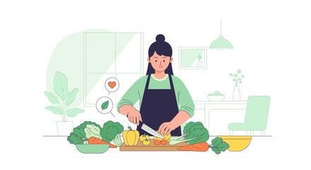Fototapeta premium Woman preparing healthy vegan food in kitchen, cutting vegetables for vegan meal