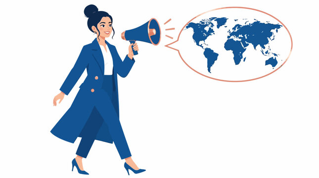 Woman in blue suit using megaphone with global map.