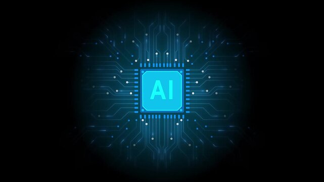Ai chip digital technology on blue background. artificial intelligence computer.. computing processor board chip wallpaper Motion graphic 4k animation video.