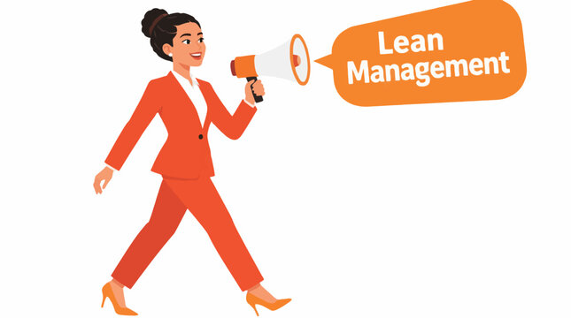 Businesswoman with megaphone promoting lean management concept.
