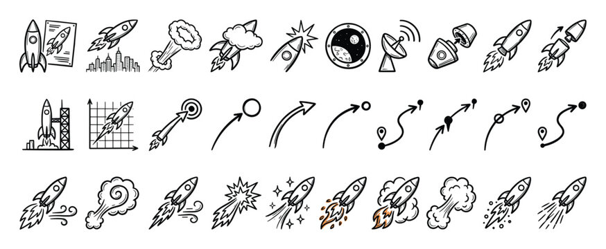 Set of doodle style rocket and progress icons for startup launch business growth space exploration and path tracking useful in technology presentations and educational infographics.