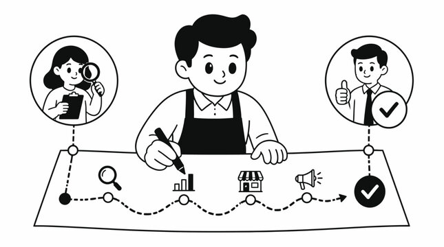 Illustrated chef planning menu with team feedback.