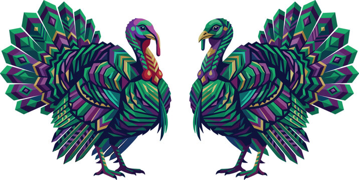 Two geometric tribal pattern turkey birds green and purple vector illustrationTwo geometric tribal pattern turkey birds green and purple vector illustration