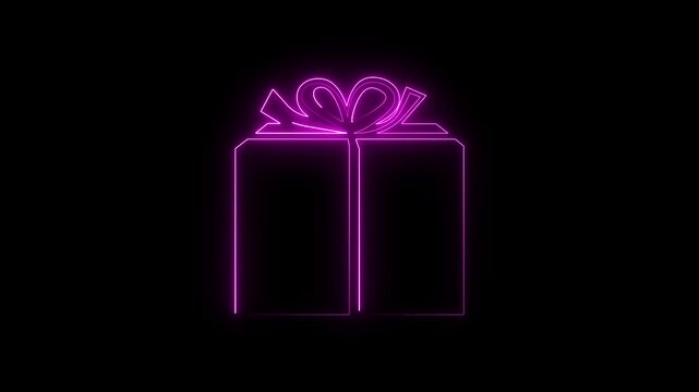  neon gift box icon animation with ribbon and bow on dark background. Bright outline style representing celebration, surprise, present, discount, bonus and special offer. Perfect for holiday