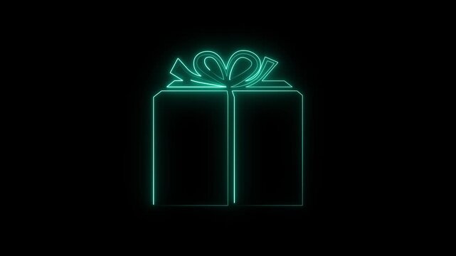  neon gift box icon animation with ribbon and bow on dark background. Bright outline style representing celebration, surprise, present, discount, bonus and special offer. Perfect for holiday
