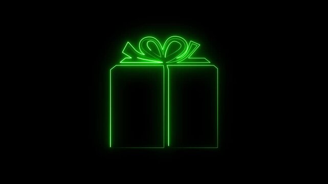  neon gift box icon animation with ribbon and bow on dark background. Bright outline style representing celebration, surprise, present, discount, bonus and special offer. Perfect for holiday