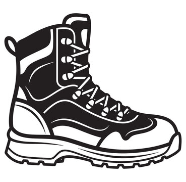 Detailed illustration of a single hiking boot with laces and thick sole