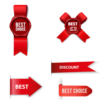 Best choice tags, vector red labels isolated on white background. Best choice 3d ribbon banners