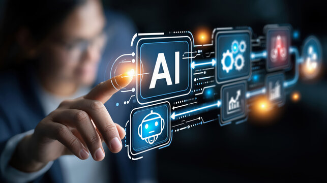 Artificial intelligence ai agent digital interface virtual icon touch screen automation system machine learning business technology glowing screen
