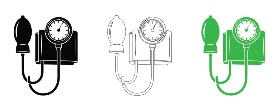 Blood pressure monitor icon set in black, white and green, sphygmomanometer vector