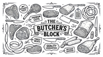 Hand-Drawn Butcher Shop Products - Meat Cuts, Sausages, and Butcher's Tools © emal