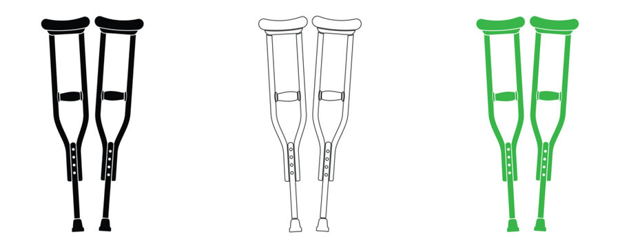 Crutches icon set in black, white and green, medical mobility aid vector