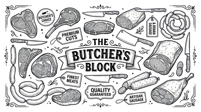 Hand-Drawn Butcher Shop Products - Meat Cuts, Sausages, and Butcher's Tools