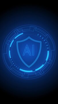 AI cyber security technology shield concept on abstract blue background. Futuristic interface element for network protection, data privacy, and artificial intelligence safety system
