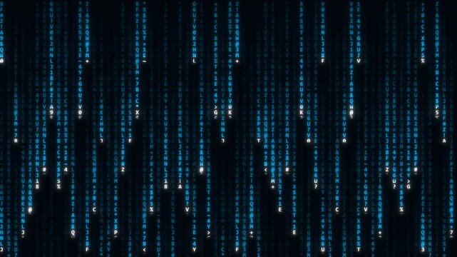 Cyber neon blue code digital rain falling in tech data background