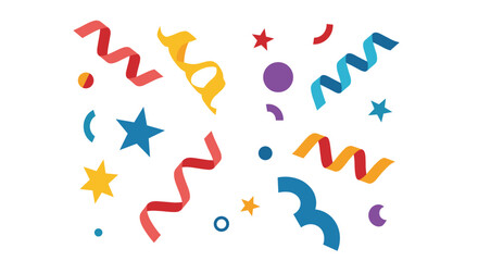 Obraz premium Vibrant party celebration background with colorful confetti streamers and stars scattered on a white surface.