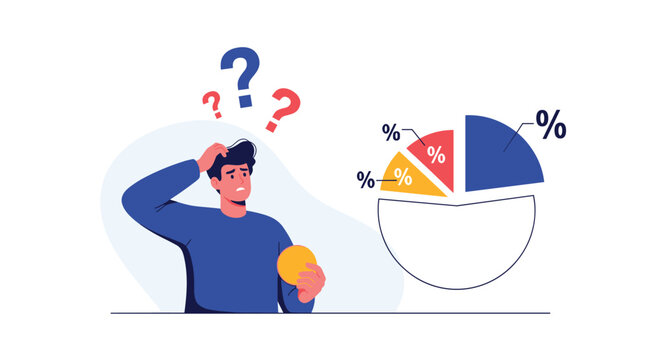 Confused man scratching his head while looking at a complex pie chart with percentage signs and question marks.