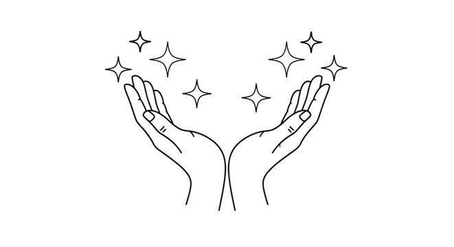 Minimalist line art illustration of two hands held up toward glowing stars representing magic hope and creation.