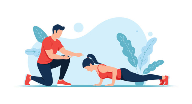 Professional fitness trainer assisting a young woman with proper form while performing pushups in a modern gym studio.