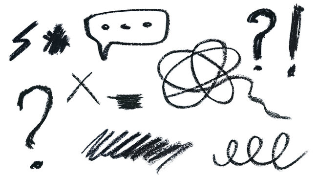 Black charcoal scribbles with question mark and speech bubble on a transparent background
