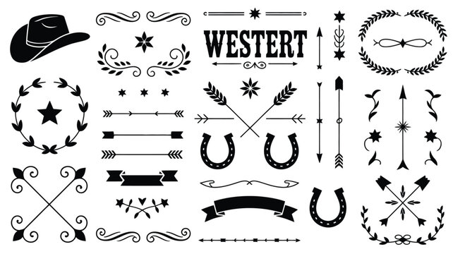Vintage western decorative design elements with rustic cowboy ornaments