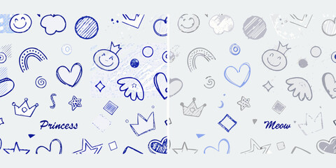 Blue line art pattern featuring hearts stars crowns and handwritten text elements scribble sketch doodle © Asit