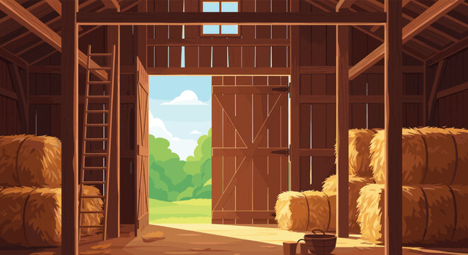 Rustic interior view of a wooden farm barn with stacked hay bales a ladder and an open door to a green grassy field.