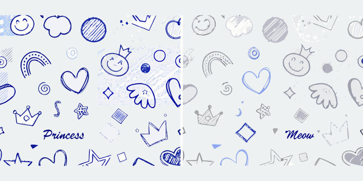 Blue line art pattern featuring hearts stars crowns and handwritten text elements scribble sketch doodle