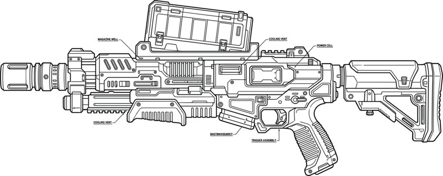 Futuristic sci fi assault rifle vector technical line drawing with detailed weapon blueprint indicators and labels