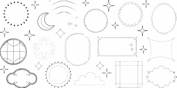 Collection Of Minimalist Thin Line Vector Shapes Featuring Celestial Bodies And Geometric Frames stars moon