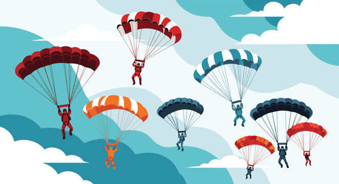 Large group of parachutists descending through a cloudy blue sky using colorful parachutes for an extreme sports event.