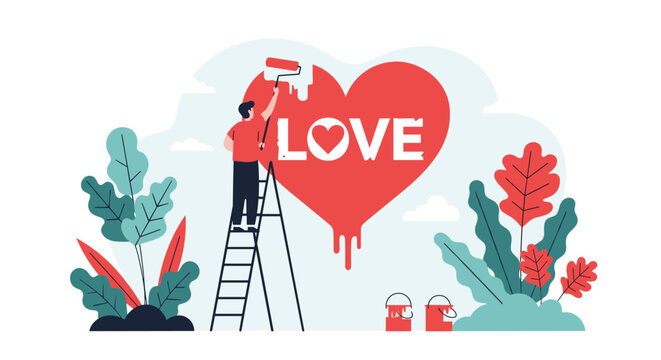 Creative individual standing on a ladder painting a giant red heart with the word love on a wall surrounded by green plants.