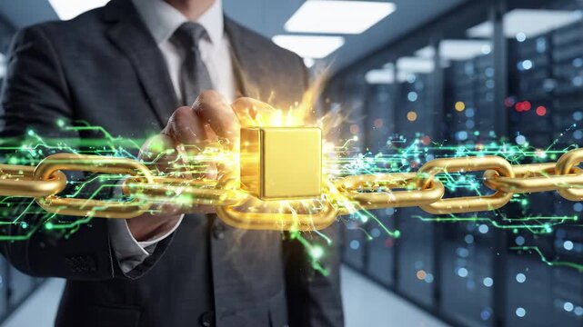 Businessman connects a glowing golden block to a chain of links inside a modern server room. Blockchain technology secures digital cryptocurrency transactions across a decentralized financial network