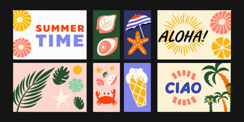 Floral and tropical vector illustrations with summer themed text on colored backgrounds ornament flower pattern © Asit
