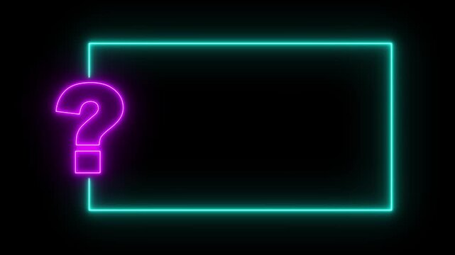 Question mark neon sign light on black background. Quiz trivia game competition. neon question mark frame for quizzes and FAQs. Game announcement neon message.
